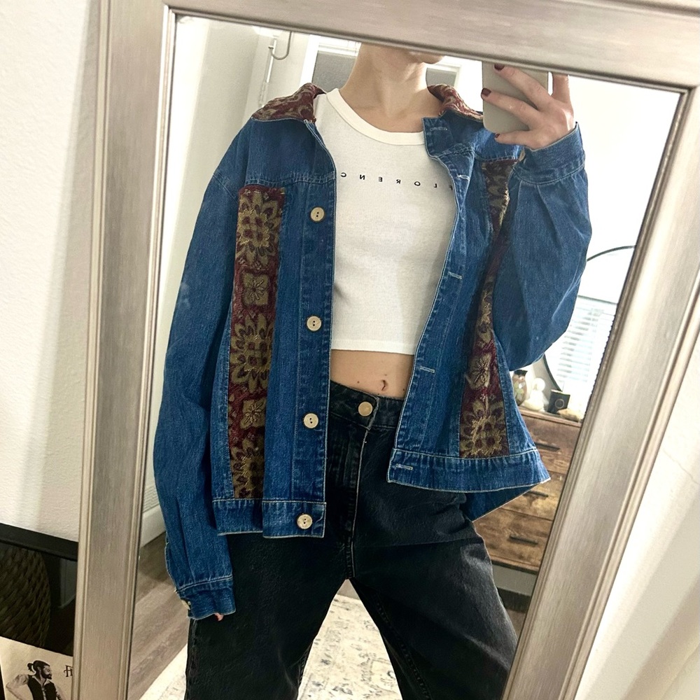 Coldwater Creek Vintage Denim Jacket with Tapestry Accents
